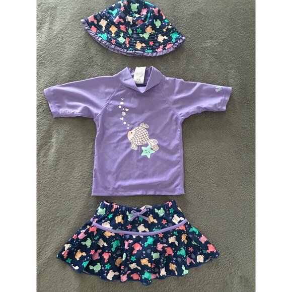 Toddler Girls Purple Rash Guard Set With Skirt & Hat Sea Turtle Print - Picture 4 of 12